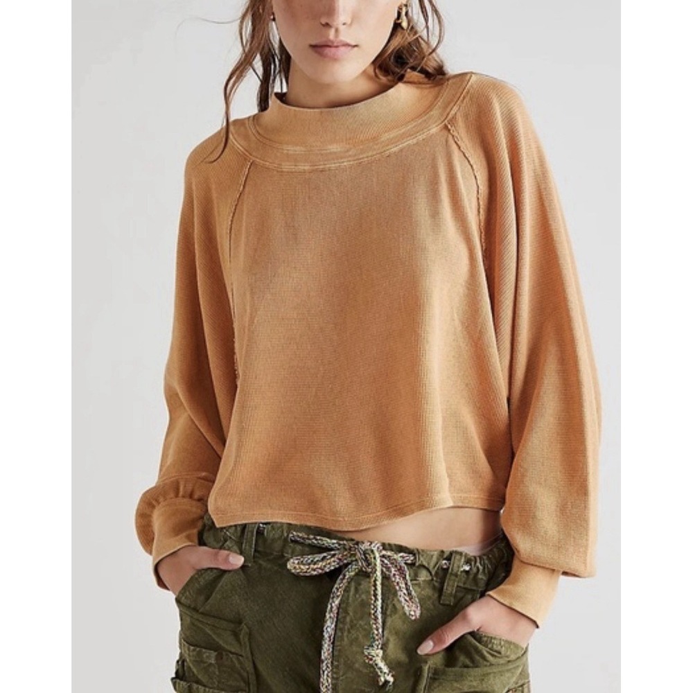 We The Free Tan Fun Times Turtle Thermal Pullover Top Sz S Crop Relaxed